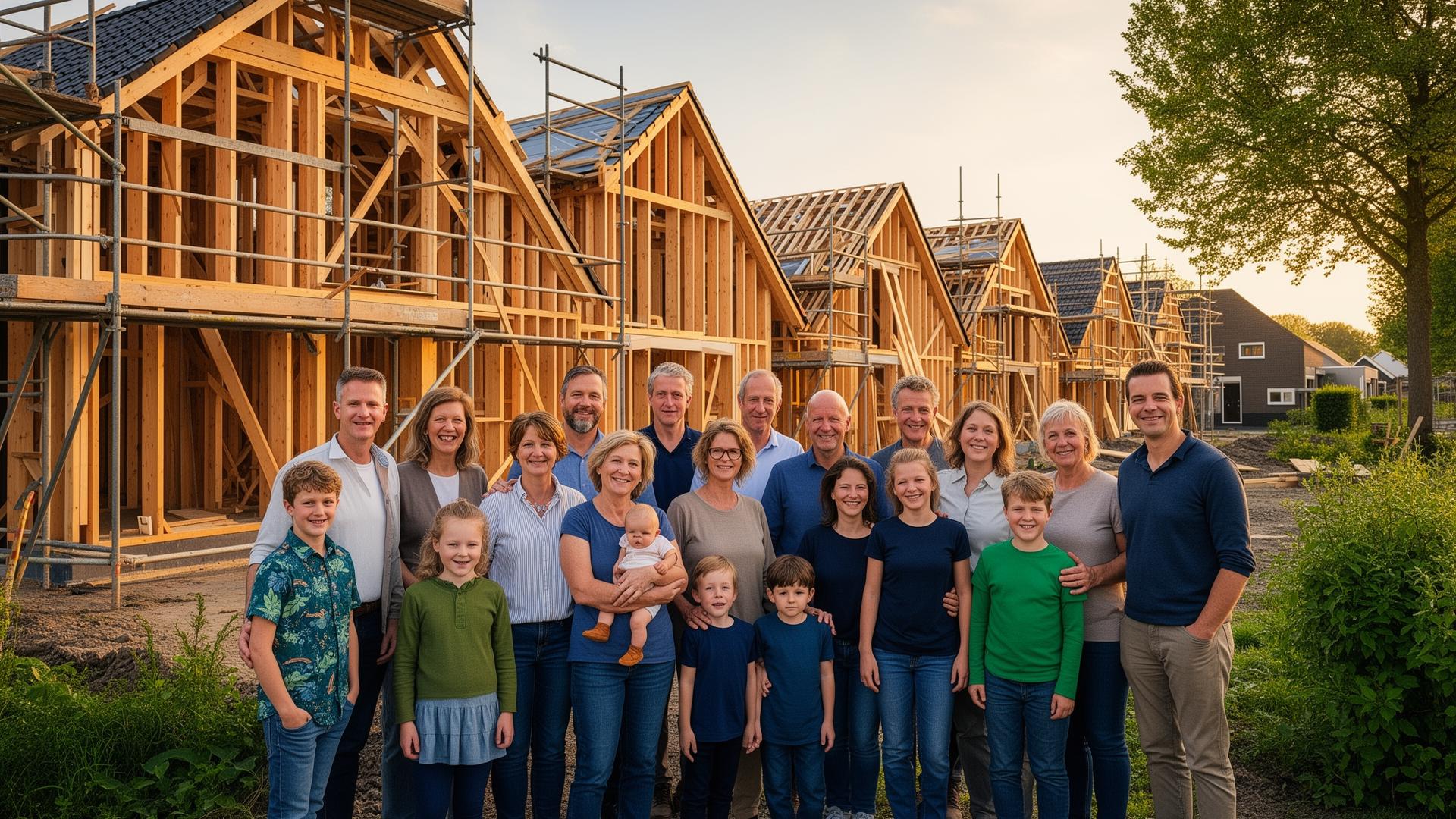 Toekomstige bewoners samen voor hun nieuwbouwwoningen in aanbouw