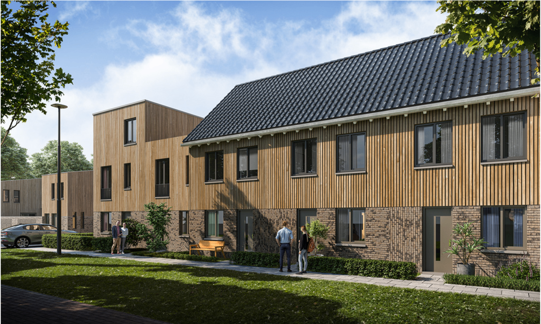 Klimaatpositieve Huisrijk-woningen met zonnepanelen en groene voortuinen